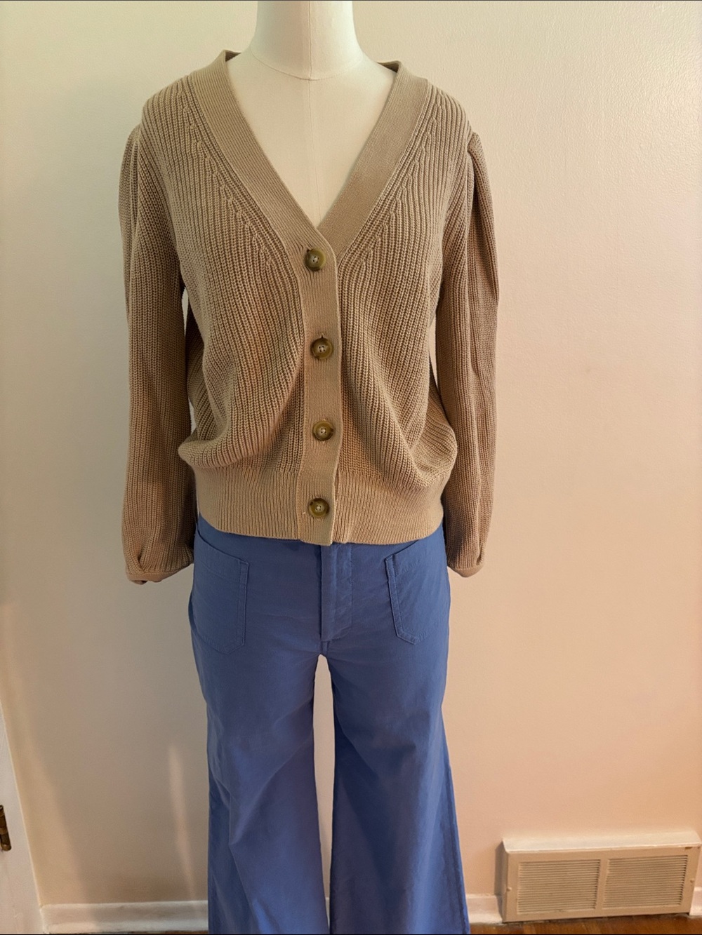 LOFT Taupe Ribbed V-Neck Button Cardigan